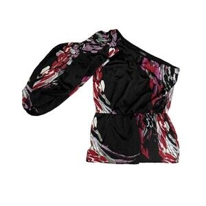 Bisou Bisou JC Penney One Sleeve Black Chic Wave Blouse Top Shirt Size Large New